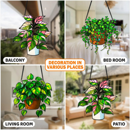 Netecom Pack of 3 Plant Acrylic Suncatchers – Faux Stained Glass Window Hanging, Botanical Home Art Decor, Garden Hanging Decor for Plant Lovers