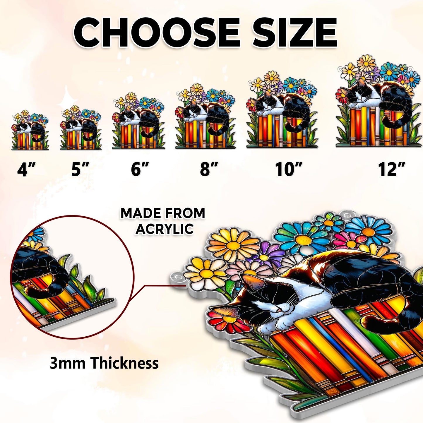 Netecom Cat Book Flower Acrylic Suncatcher – Faux Stained Glass Window Hanging, Reading Cat Book Ornament, Gift for Book Lovers & Cat Lovers