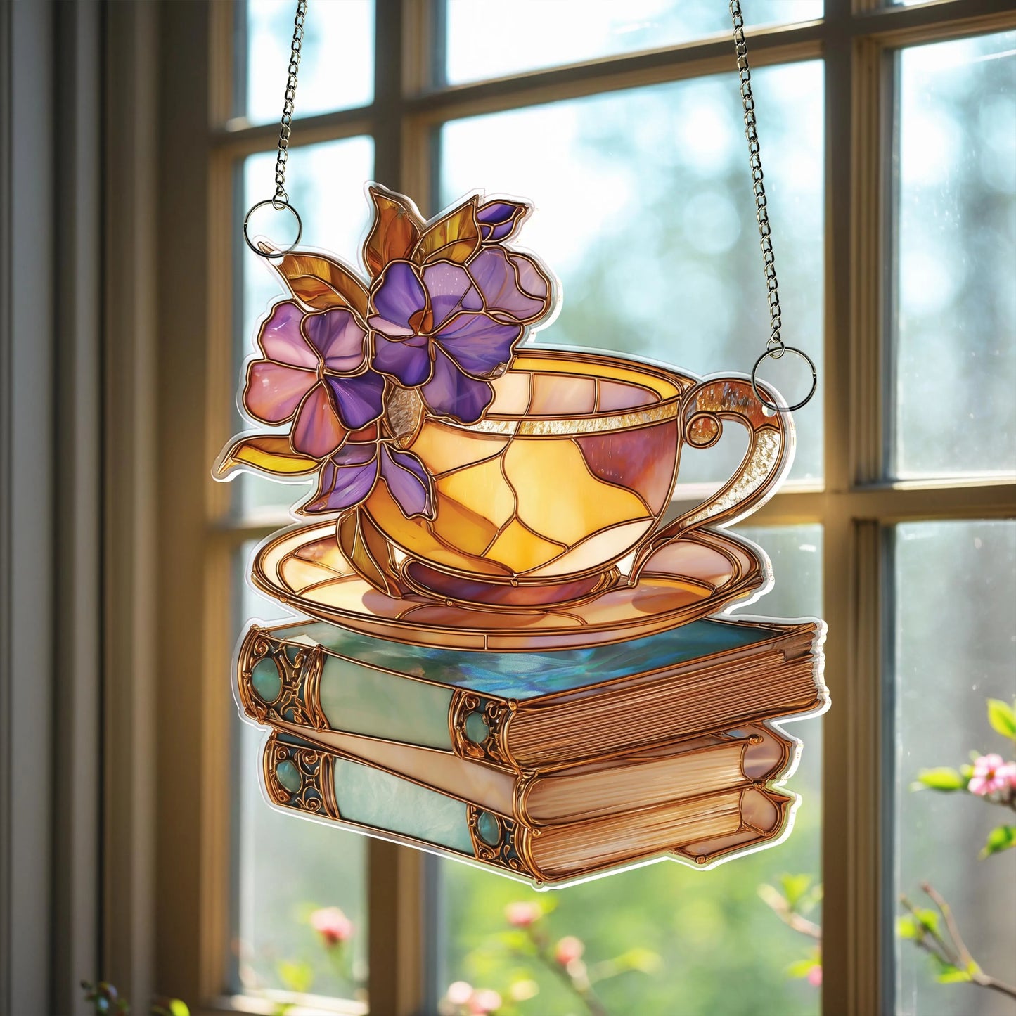 Netecom Floral Teacup & Books Acrylic Suncatcher – Magical Library Window Hanging, Book Lover Gift, Cozy Home Decor for Readers