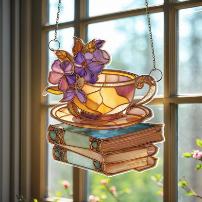 Netecom Floral Teacup & Books Acrylic Suncatcher – Magical Library Window Hanging, Book Lover Gift, Cozy Home Decor for Readers