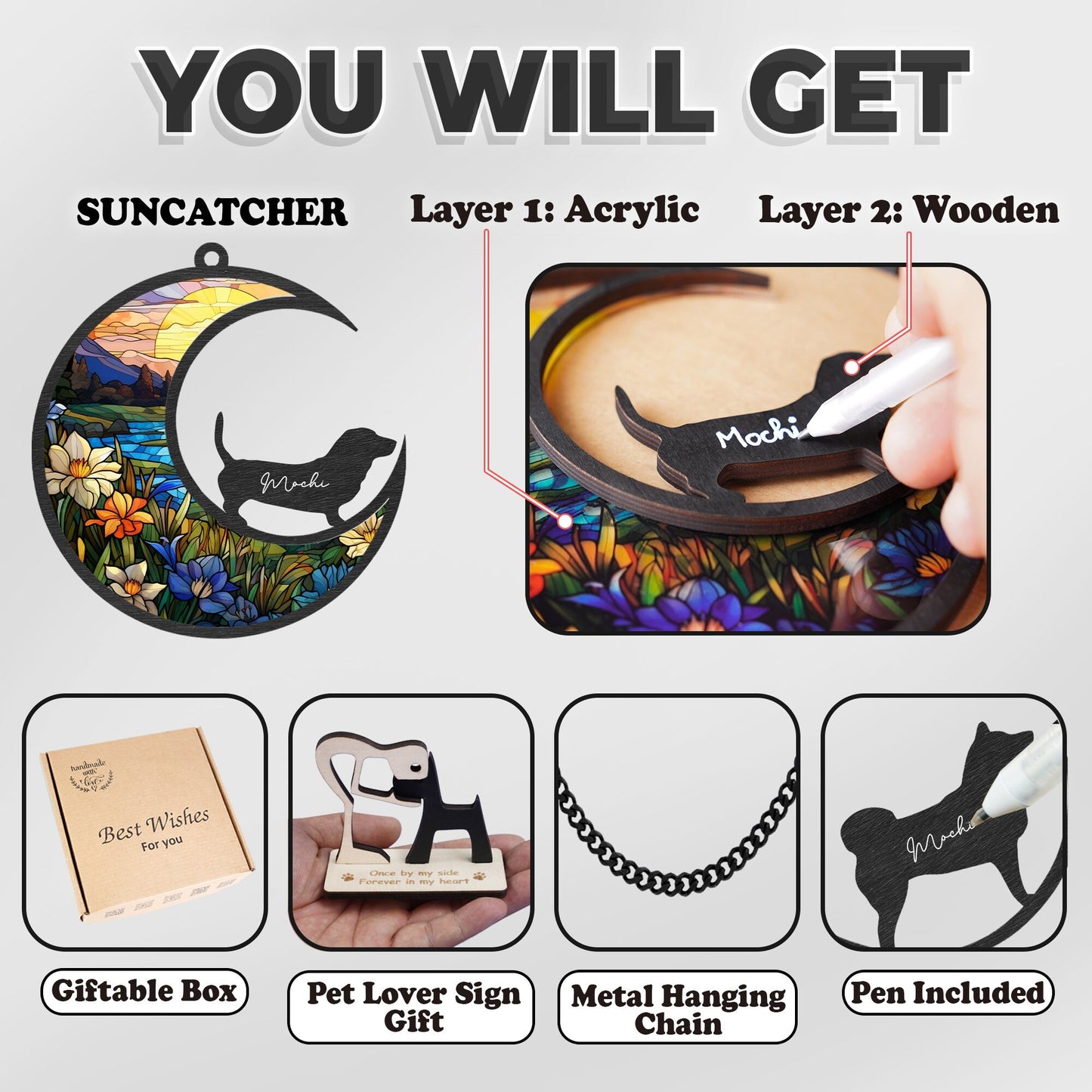 Netecom Dachshund Short Hair Memorial Suncatcher – Pet Loss Sympathy Gift, Personalized Dog Remembrance Ornament, Stained Glass Light Catcher