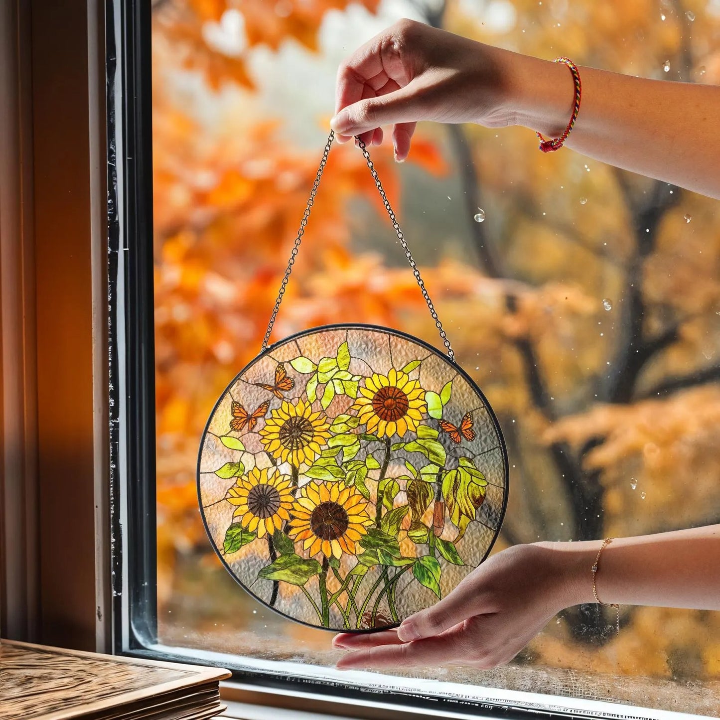 Netecom Monarch Butterfly Stained Glass Suncatcher – Butterfly Window Hanging, Sun Room Decor, Moth Lover Gift, Flower Sun Catcher for Home Decoration