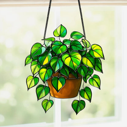 Netecom Pothos Plant Acrylic Suncatcher – Faux Stained Glass Window Hanging, Botanical Home Art Decor, Plant Lover Gift, Indoor Garden Hanging Decor