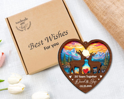 Netecom Wedding Anniversary Suncatcher – 30th Anniversary Couple Gift, Custom Anniversary Keepsake, Deer Couple, Elephant, Penguin Wedding Gift