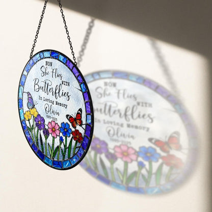Netecom Now She Flies With Butterflies Memorial Suncatcher – Sympathy Gift for Loss of Loved One, Grief Gift for Her, Bereavement Gift, Mother in Heaven Tribute