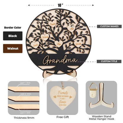 Netecom Personalized Wooden Family Tree Sign Heart Drop Name Frame Custom Family Gift for Mom Mum Home Decor Keepsake
