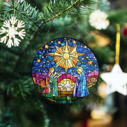 Netecom O Holy Night Window Hanging – Nativity Religious Ornament, Jesus Stained Glass Christmas Decor, Catholic Christmas Gift