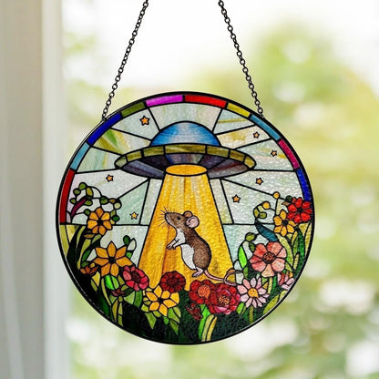 Netecom UFO Abduction Opossum Stained Glass Suncatcher – Funny Window Hanging, Opossum and Alien Decor, Unique Gift for Women, Indoor Acrylic Sun Catcher