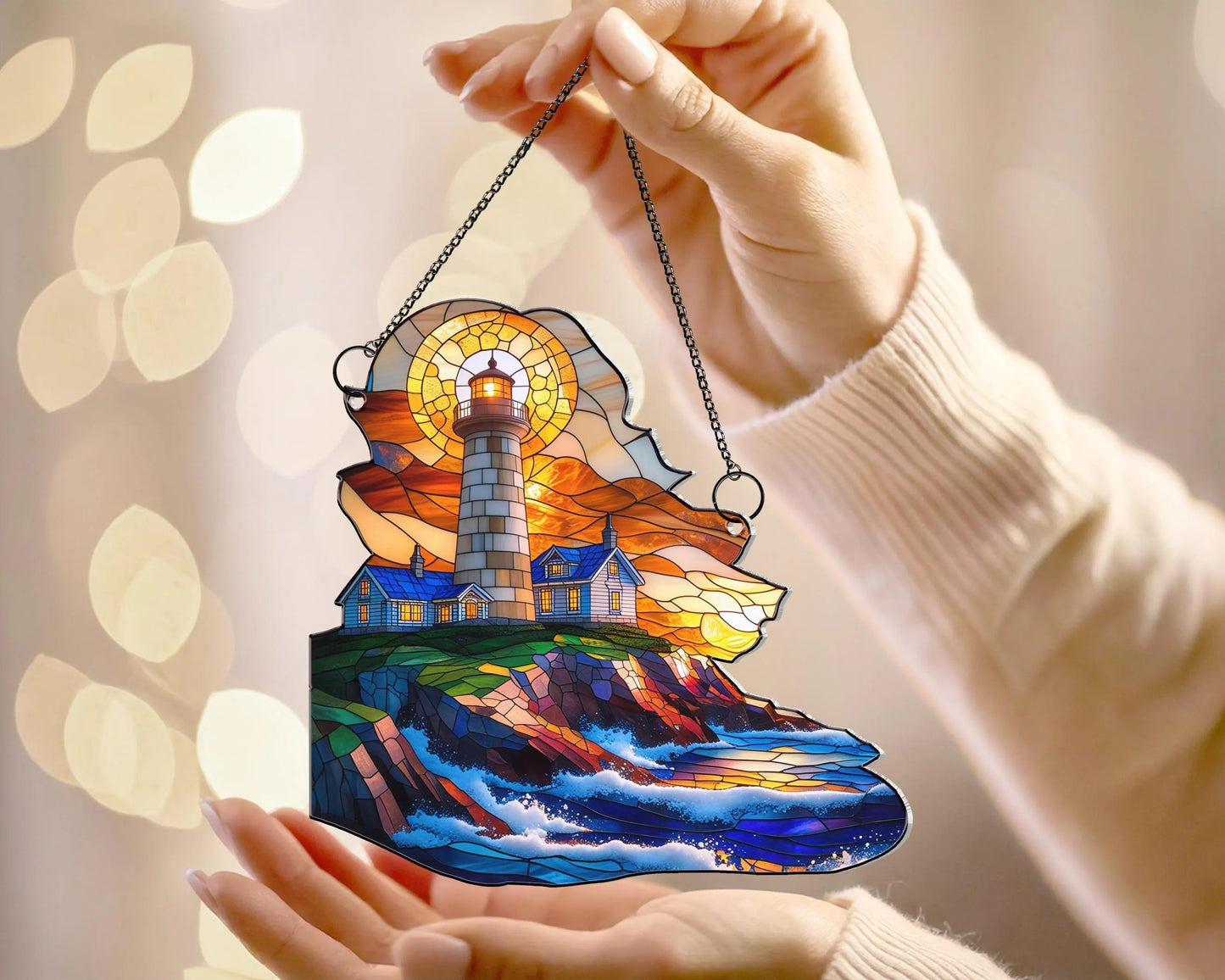 Netecom Coastal Lighthouse Acrylic Suncatcher – Sunset on the Sea, Beach Decor, Nature Lover Gift, Window Hanging for Home Car