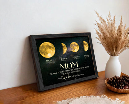 Netecom Personalized Moon Phase Frame with Kids' Names The Day You Became My Mom Gift Moon Phase Print Frame for Mother's Day Gift for Mama Unique Keepsake