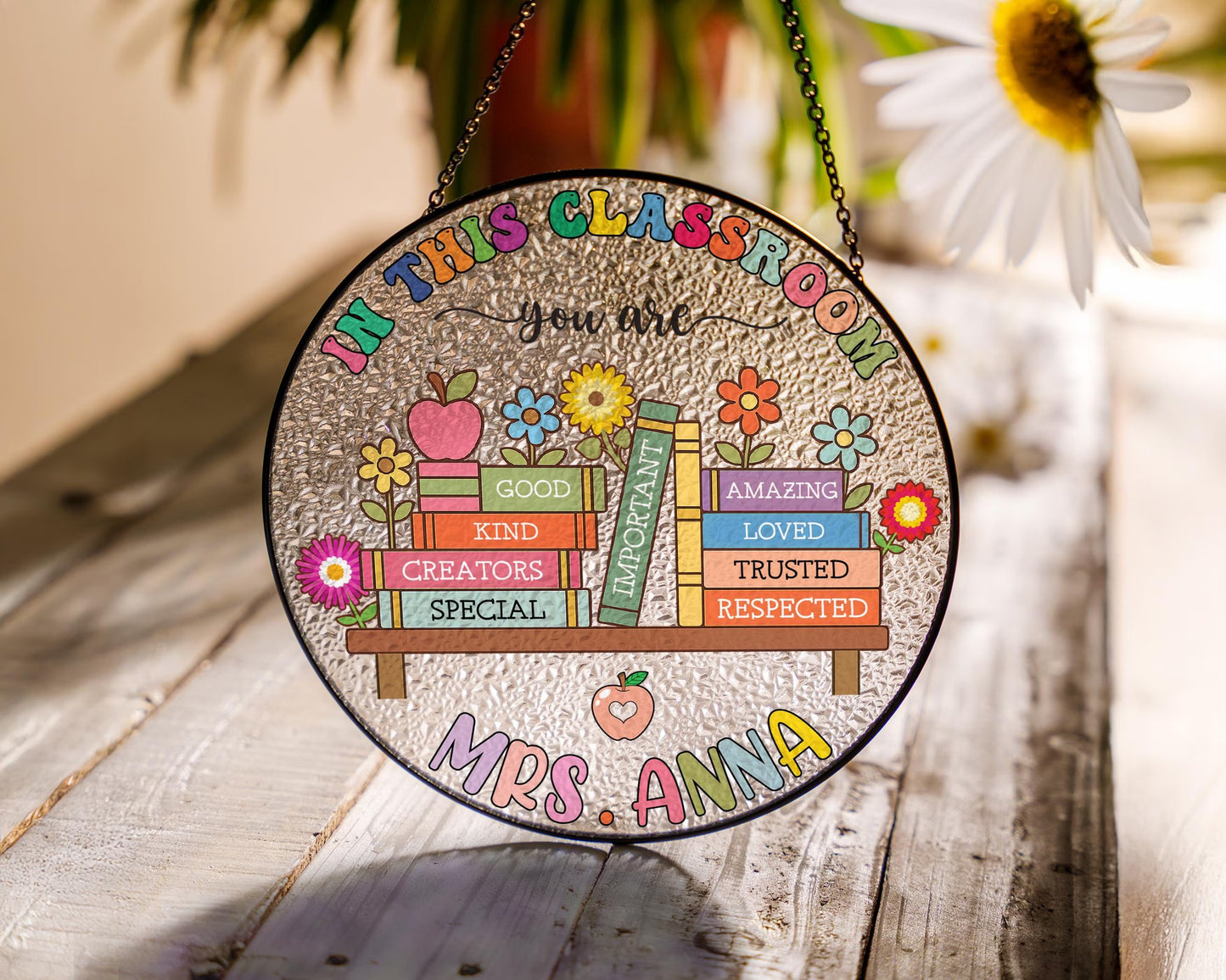 Netecom Personalized Teacher Stained Glass Suncatcher – Teacher Appreciation Gift for Back to School, Classroom Decor