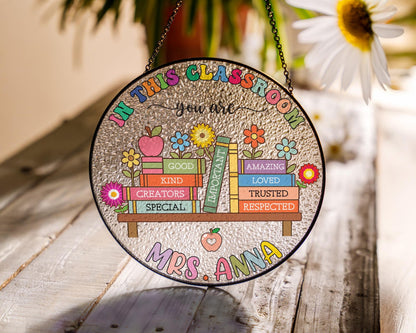 Netecom Personalized Teacher Stained Glass Suncatcher – Teacher Appreciation Gift for Back to School, Classroom Decor