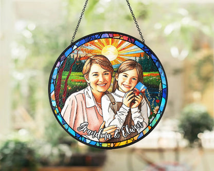 Netecom Personalized GrandmaGrandkids Stained Glass Suncatcher – Custom Family Portrait, Mother’s Day Gift, Nana Keepsake