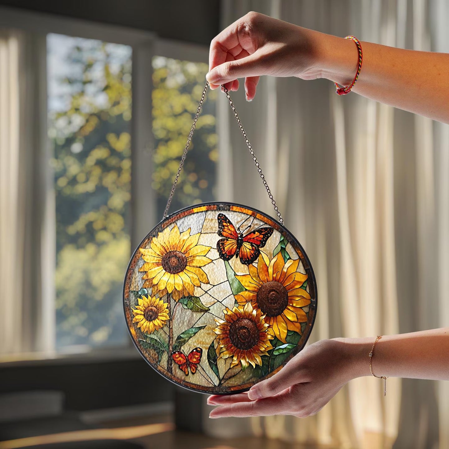 Netecom Butterfly Stained Glass Suncatcher – Sunflower & Floral Window Hanging Decor, Light Catcher Gift for Mom & Women