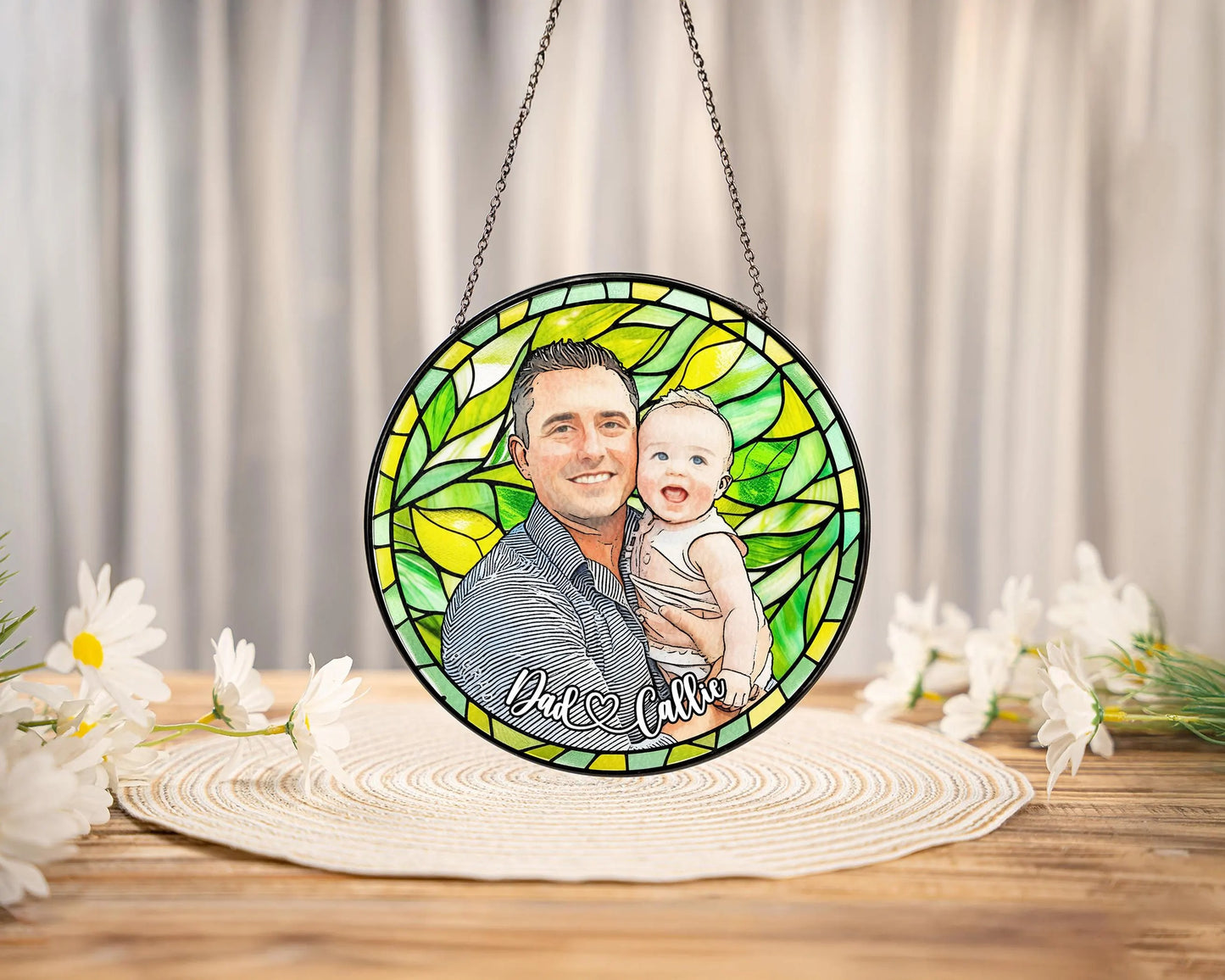 Netecom Personalized Family Photo Stained Glass Suncatcher – Custom Family Portrait Window Hanging Gift for Mom Dad Grandma Christmas Couple Portrait