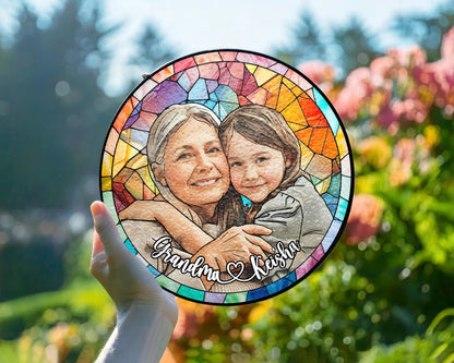 Netecom Personalized Custom Photo Portrait Stained Glass Suncatcher – Gift for Mom, Grandma's Birthday, Photo Glass Art Window Hanging