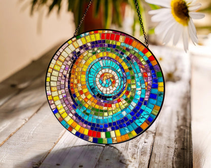 Netecom Rainbow Spiral Faux Stained Glass Suncatcher, Colorful Geometric Window Hanging, Round Mosaic Light Catcher, Vibrant Art Decor Gift