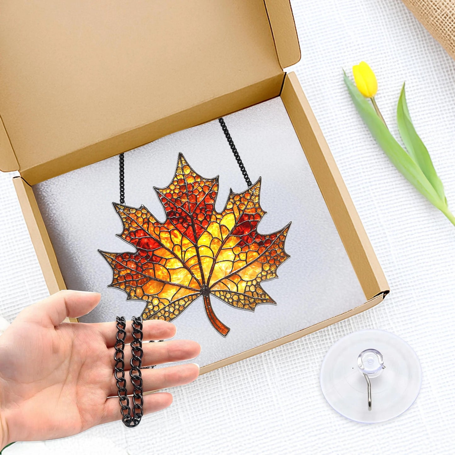 Netecom Autumn Maple Leaf Acrylic Suncatcher – Faux Stained Glass Maple Leaf Ornament for Fall, Nature Lover Gift, Autumn Window Hanging Decor