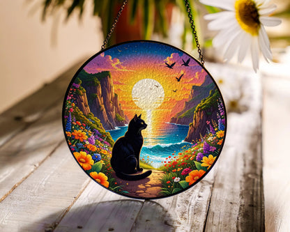 Netecom Memorial Stained Glass Suncatcher, Pet Loss Sympathy Gift, Flower Glass Art Window Hanging, Cat Lover Gift