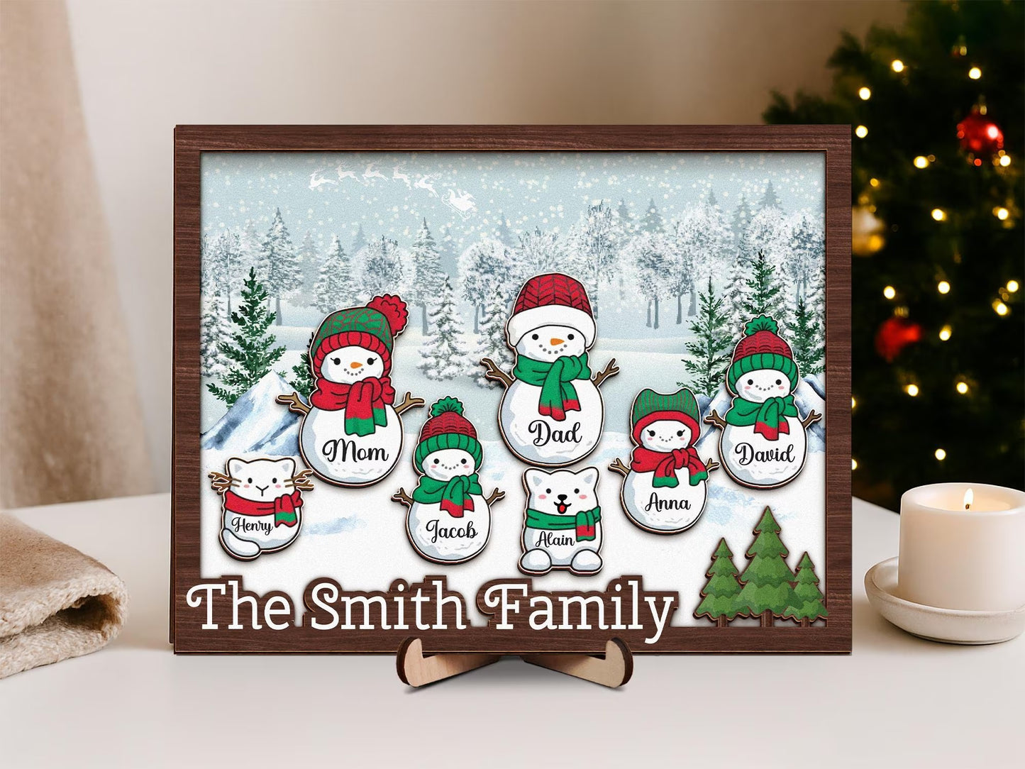 Netecom Personalized Snowman Family Wooden Frame Custom Grandparent Christmas Gift Papa Nana Grandkids Decor Holiday Family Keepsake