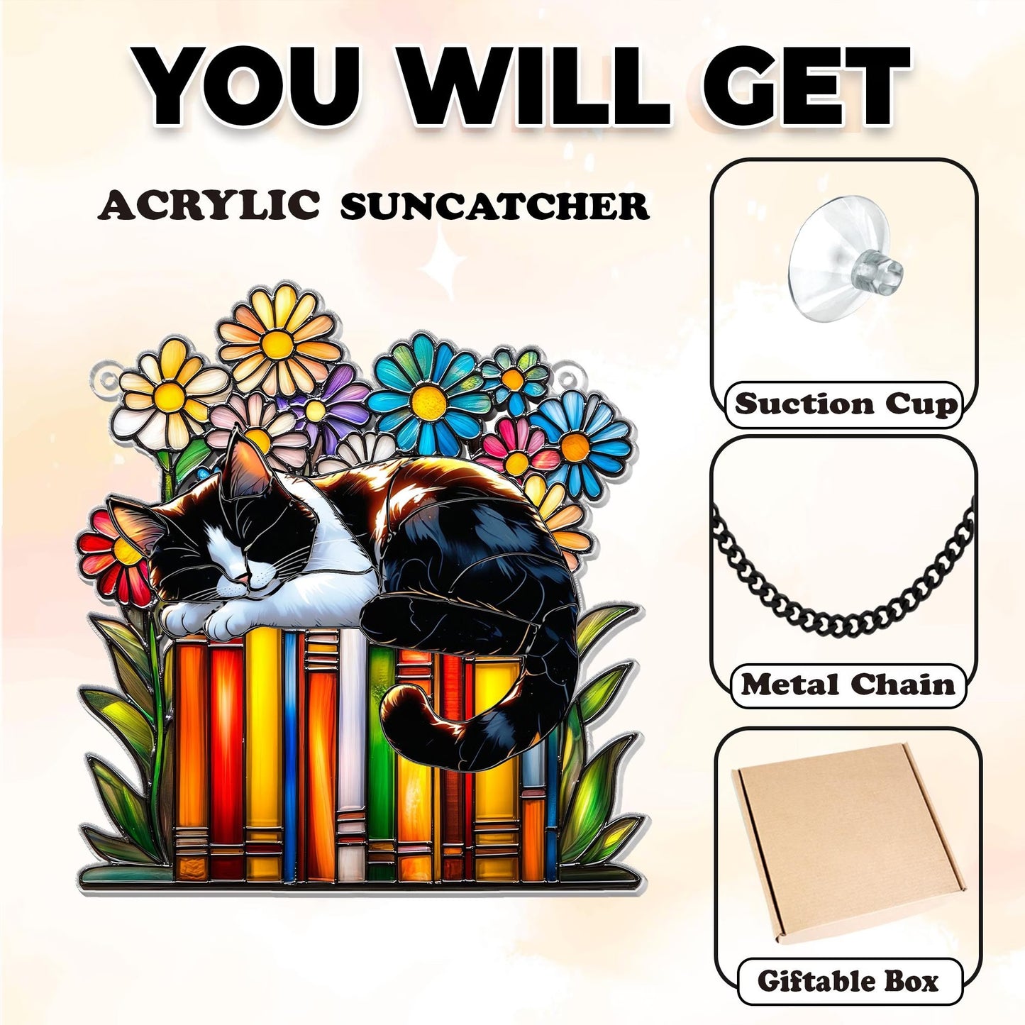 Netecom Cat Book Flower Acrylic Suncatcher – Faux Stained Glass Window Hanging, Reading Cat Book Ornament, Gift for Book Lovers & Cat Lovers