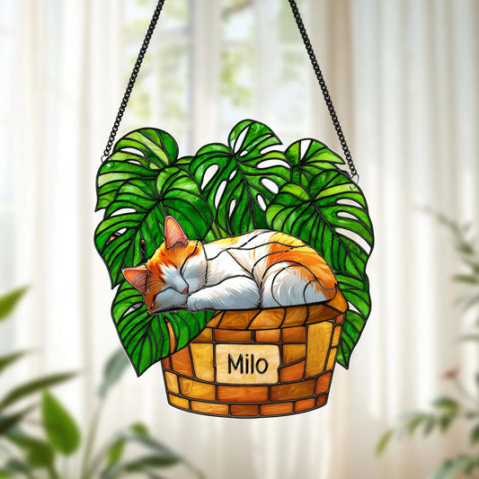Netecom Custom Cat Monstera Acrylic Suncatcher – Faux Stained Glass Monstera Window Hanging for Cat Lovers, Pet Memorial Gift, Halloween Decor, Home Decoration