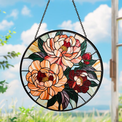 Netecom Peony Stained Glass Suncatcher – November Birth Flower, Window Hanging Garden Decor, Birth Month and Christmas Gift for Mom Grandma Nana Nini