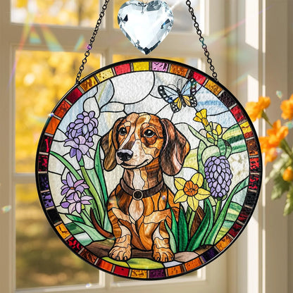 Netecom Dachshund Dog Stained Glass Suncatcher with Crystal – Personalized Pet Memorial Gift, Dachshund Lover Gift, Dog Lover Home Decor, Window Hanging Ornament