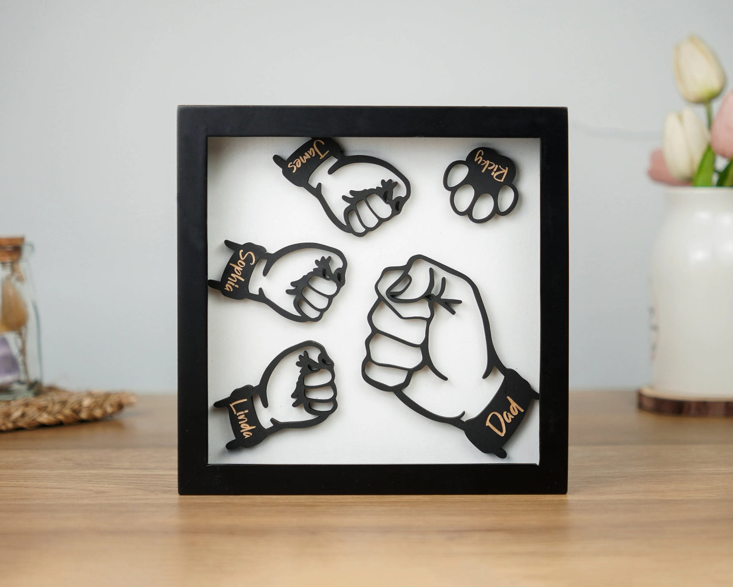 Netecom Personalized Fist Bump Dad Frame Custom Kids Names Sign Father’s Day Birthday Gift for Dad Grandpa Wooden Family Keepsake