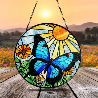 Netecom Blue Butterfly Stained Glass Suncatcher – Round Window Hanging Decor, Butterfly Lovers, Floral Sun Catcher Gift for Mom Grandma