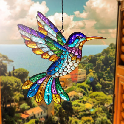 Netecom Hummingbird Acrylic Suncatcher Window Hanging, Colorful Bird Wildflower Decor, Nature Lover Gift