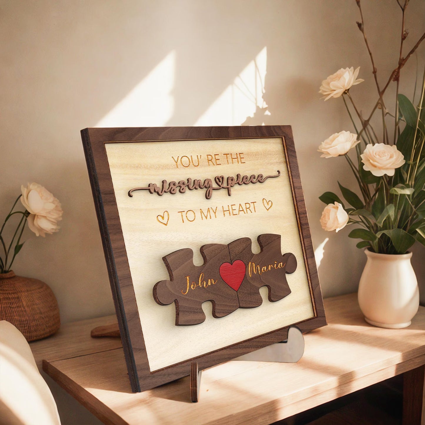 Netecom Personalized The Missing Piece Name Sign for Couples, Romantic Gift for Him and Her, Custom Puzzle Love Keepsake with Heart Keychain
