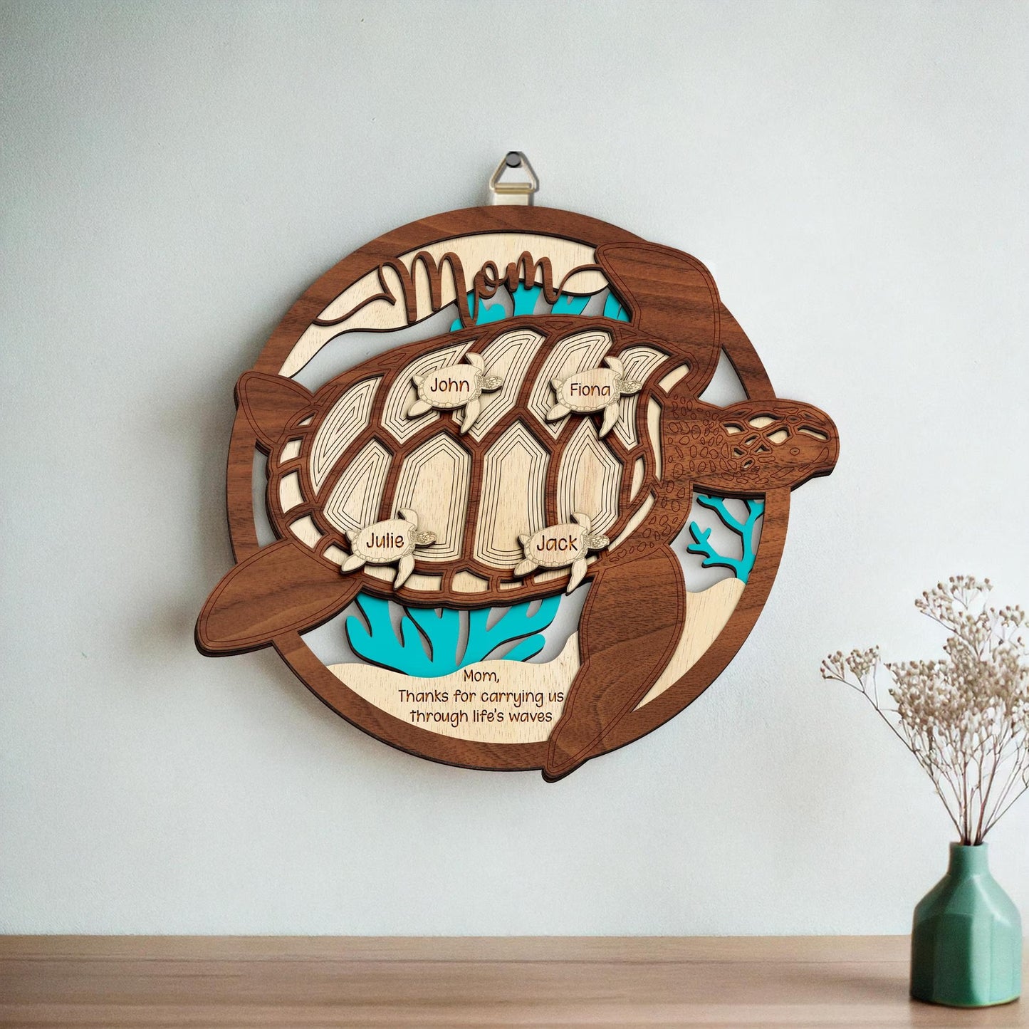 Netecom Personalized Sea Turtle Wooden Sign for Mom & Grandma, Custom Wooden Wall Art with Grandchildren Names, Meaningful Mother’s Day Gift, Family Keepsake Decor