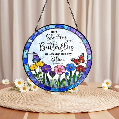 Netecom Now She Flies With Butterflies Memorial Suncatcher – Sympathy Gift for Loss of Loved One, Grief Gift for Her, Bereavement Gift, Mother in Heaven Tribute
