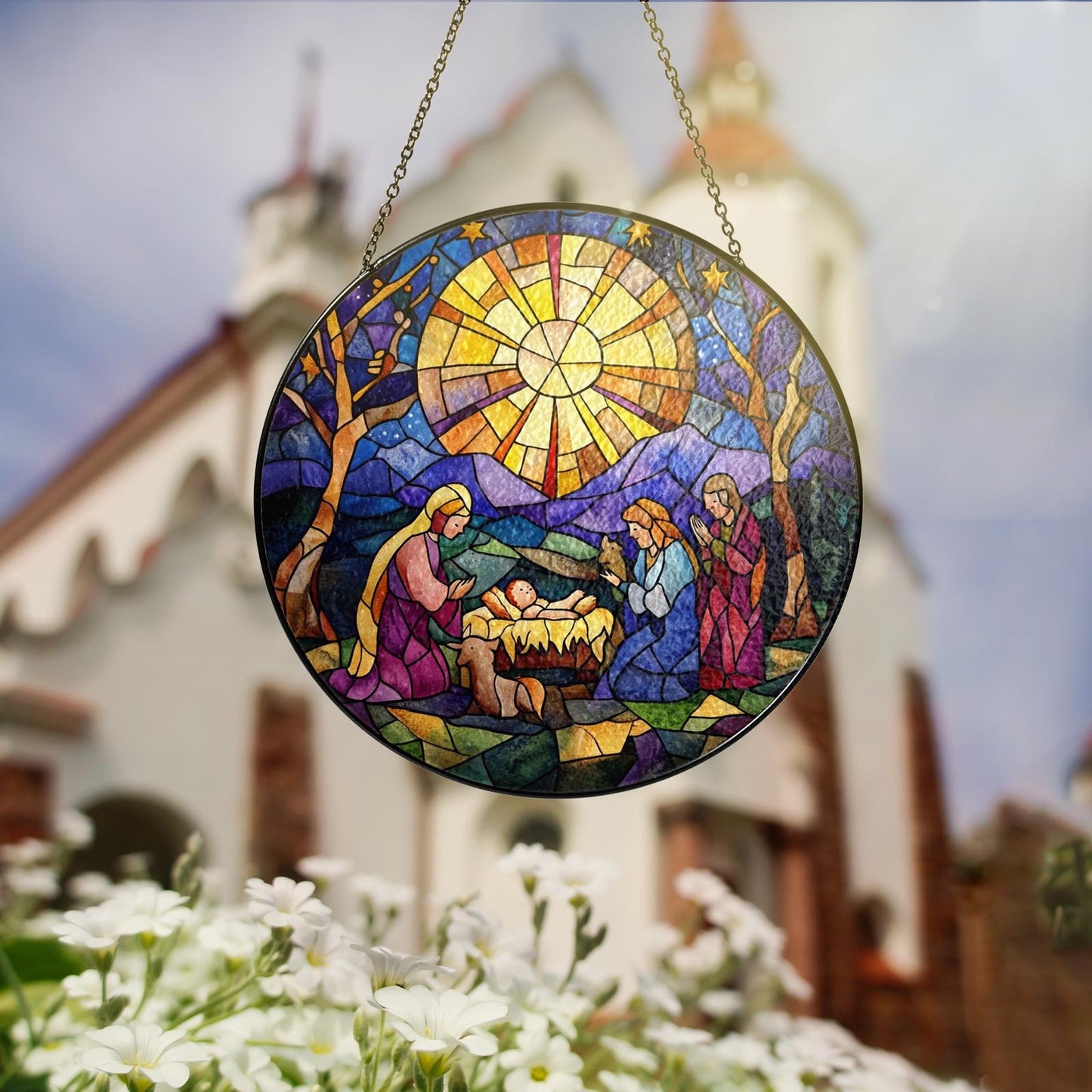 Netecom O Holy Night Window Hanging – Nativity Religious Ornament, Jesus Stained Glass Christmas Decor, Catholic Christmas Gift