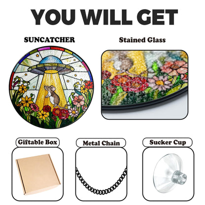 Netecom UFO Abduction Opossum Stained Glass Suncatcher – Funny Window Hanging, Opossum and Alien Decor, Unique Gift for Women, Indoor Acrylic Sun Catcher