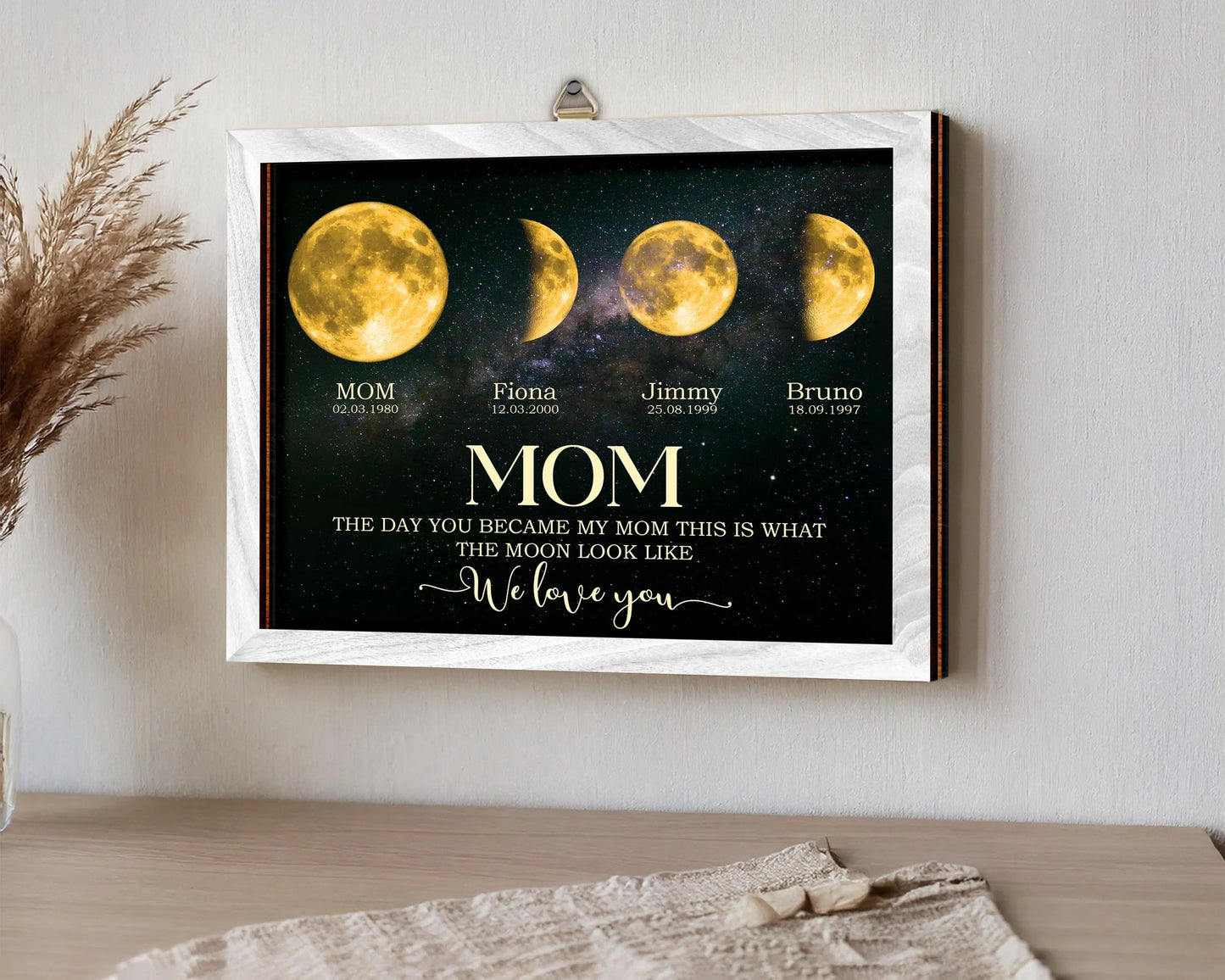 Netecom Personalized Moon Phase Frame with Kids' Names The Day You Became My Mom Gift Moon Phase Print Frame for Mother's Day Gift for Mama Unique Keepsake
