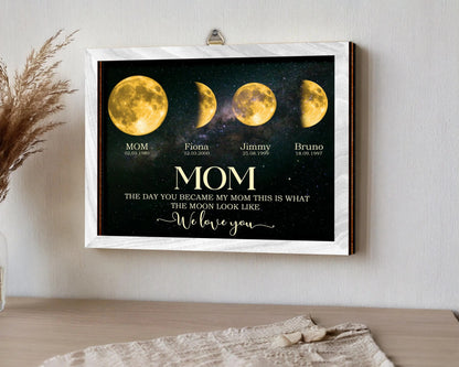 Netecom Personalized Moon Phase Frame with Kids' Names The Day You Became My Mom Gift Moon Phase Print Frame for Mother's Day Gift for Mama Unique Keepsake