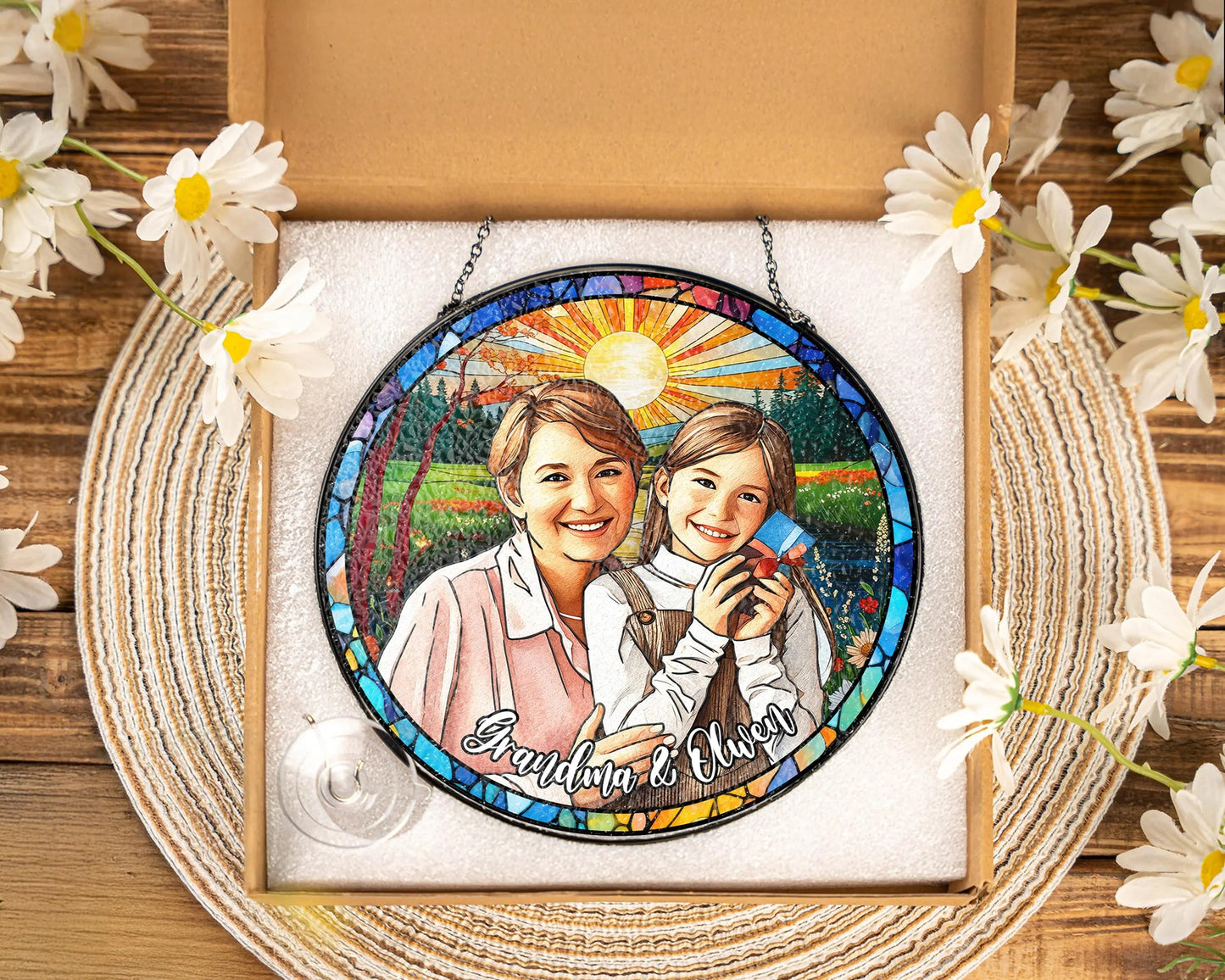 Netecom Personalized GrandmaGrandkids Stained Glass Suncatcher – Custom Family Portrait, Mother’s Day Gift, Nana Keepsake