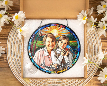 Netecom Personalized GrandmaGrandkids Stained Glass Suncatcher – Custom Family Portrait, Mother’s Day Gift, Nana Keepsake