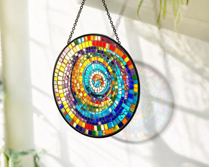 Netecom Rainbow Spiral Faux Stained Glass Suncatcher, Colorful Geometric Window Hanging, Round Mosaic Light Catcher, Vibrant Art Decor Gift