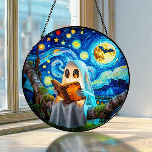 Netecom Ghost Reading Book Stained Glass Suncatcher – Starry Night Style Book Lover Librarian Gift, Bookish Halloween Decor, Cute Ghost Window Hanging