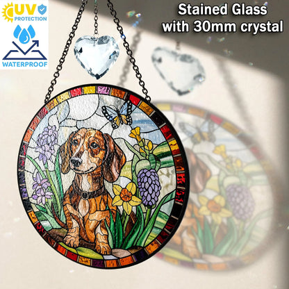 Netecom Dachshund Dog Stained Glass Suncatcher with Crystal – Personalized Pet Memorial Gift, Dachshund Lover Gift, Dog Lover Home Decor, Window Hanging Ornament