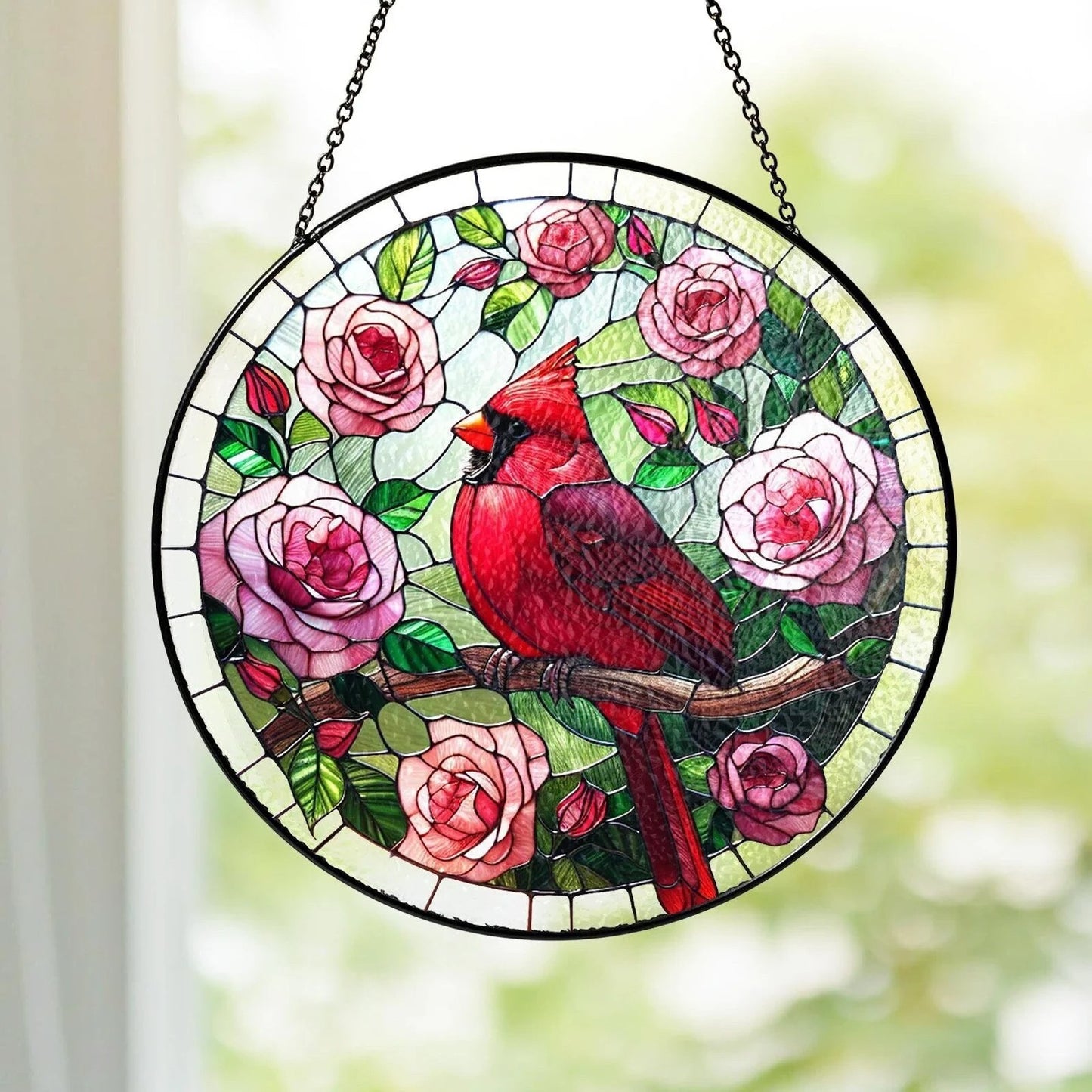 Netecom Red Cardinal Stained Glass Suncatcher – Cardinal Glass Art, Window Hanging Decor, Bird Lover Gift for Mom, Grandma, Mother’s Day, Home Decor