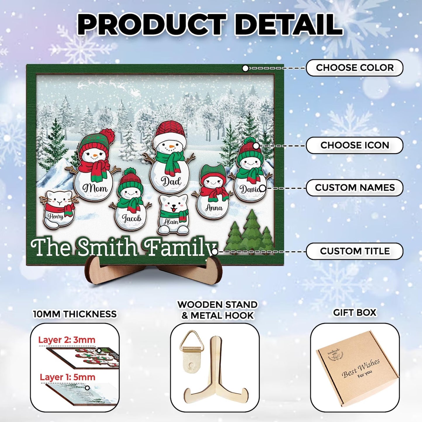 Netecom Personalized Snowman Family Wooden Frame Custom Grandparent Christmas Gift Papa Nana Grandkids Decor Holiday Family Keepsake