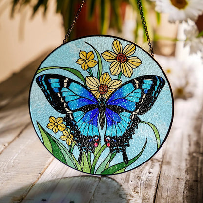 Netecom Blue Butterfly Stained Glass Suncatcher – Round Window Hanging Decor, Butterfly Lovers, Floral Sun Catcher Gift for Mom Grandma