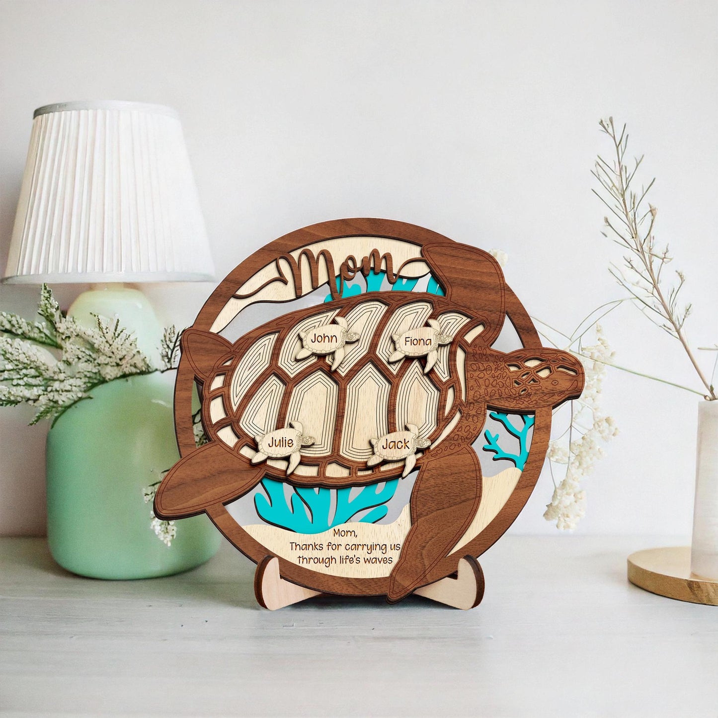 Netecom Personalized Sea Turtle Wooden Sign for Mom & Grandma, Custom Wooden Wall Art with Grandchildren Names, Meaningful Mother’s Day Gift, Family Keepsake Decor