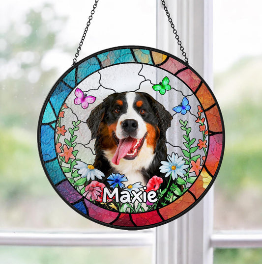 Netecom Custom Dog Suncatcher With Name, Pet Portrait Stained Glass Suncatcher, Pet Loss Sympathy, Dog Memorial Gift, Cat Memorial Photo, Window Hanging