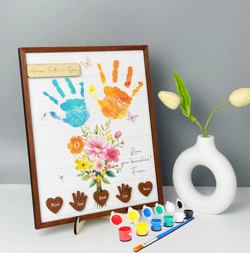 Netecom Personalized Handprint Flower Art Wooden Frame, Children’s Handprint Keepsake Gift for Mom, DIY Baby Handprint Wall Decor, Meaningful Birthday and Mother’s Day Gift