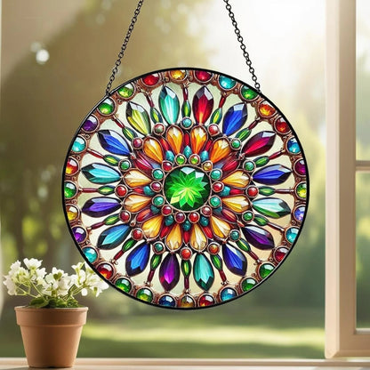 Netecom Mandala Stained Glass Suncatcher – Spiritual Healing Window Hanging, Yoga Decor, Boho Energy Healing Ornament, Chakra and Meditation Sun Catcher